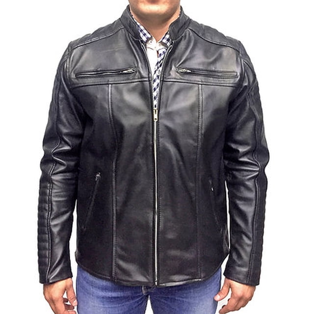 Chamarra de piel negra Castelli Leather Authentic Biker con bordados de líneas en mangas