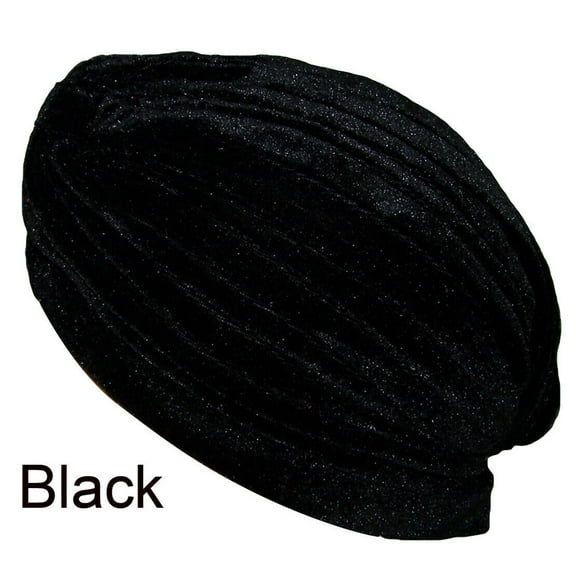 Women's Velvet Stretchy Turbans Head Chemo Hijab Pleated Hats - Black Color -- FREE USA Shipping-- (TurVEL )