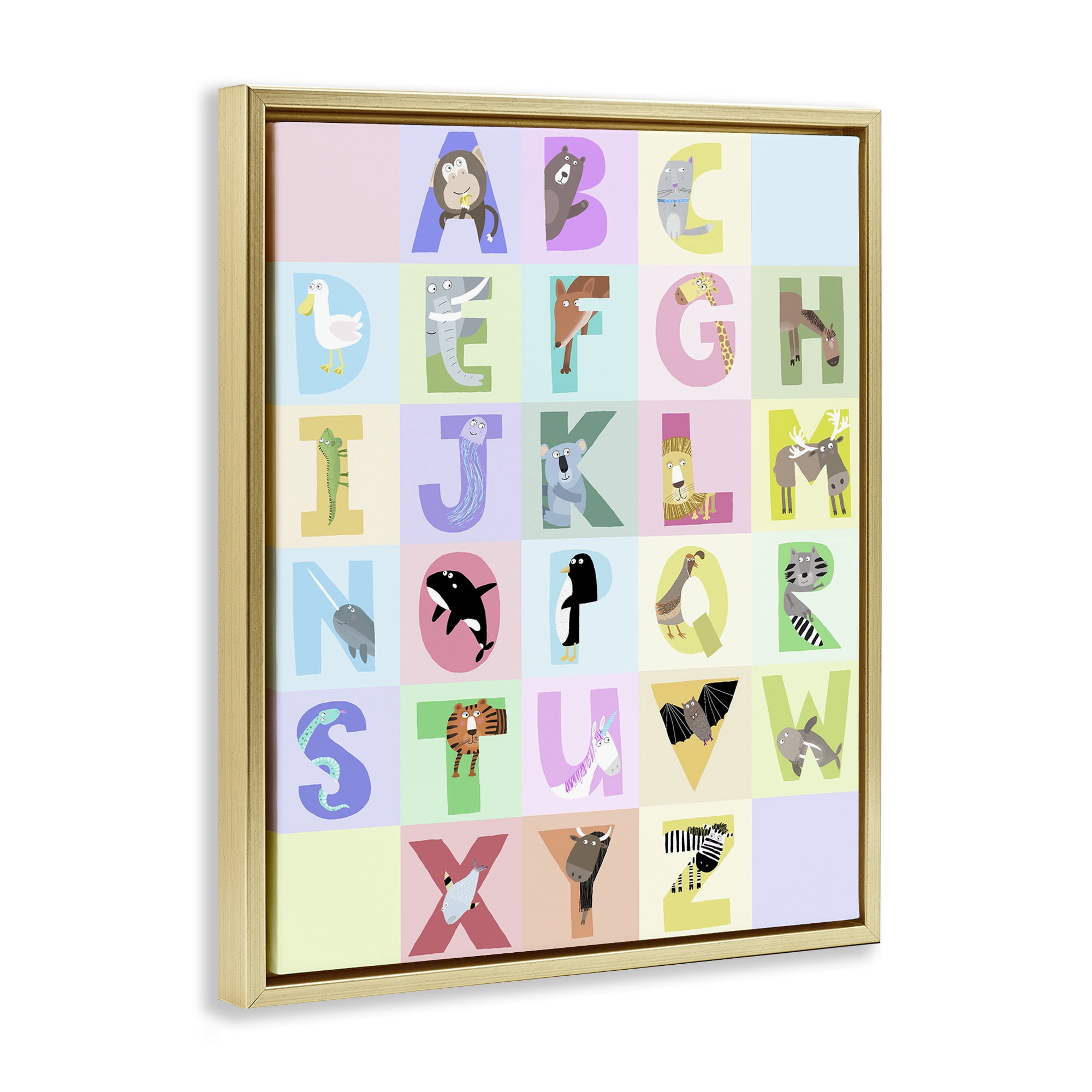 Stupell Industries Animal Alphabet in Pastels Gold Framed Floater Canvas Wall Art, design by Carla Daly