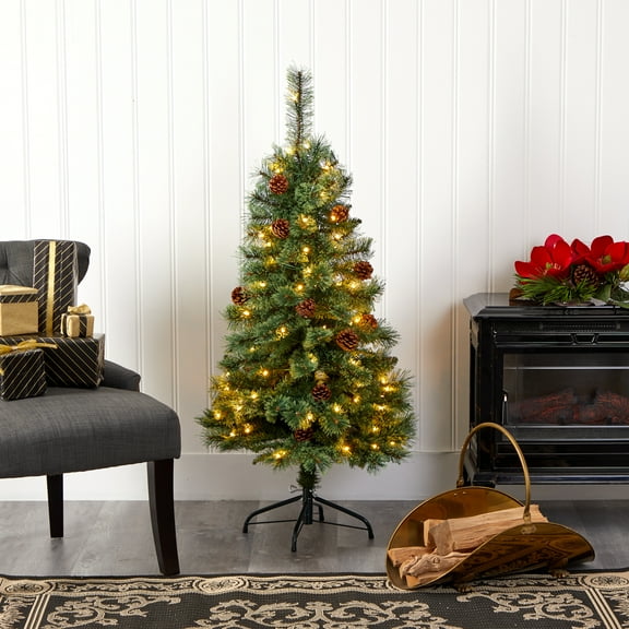 Nearly Natural 4' Green Pine Artificial Christmas Tree Prelit 100 Clear LED Lights and Pine Cones