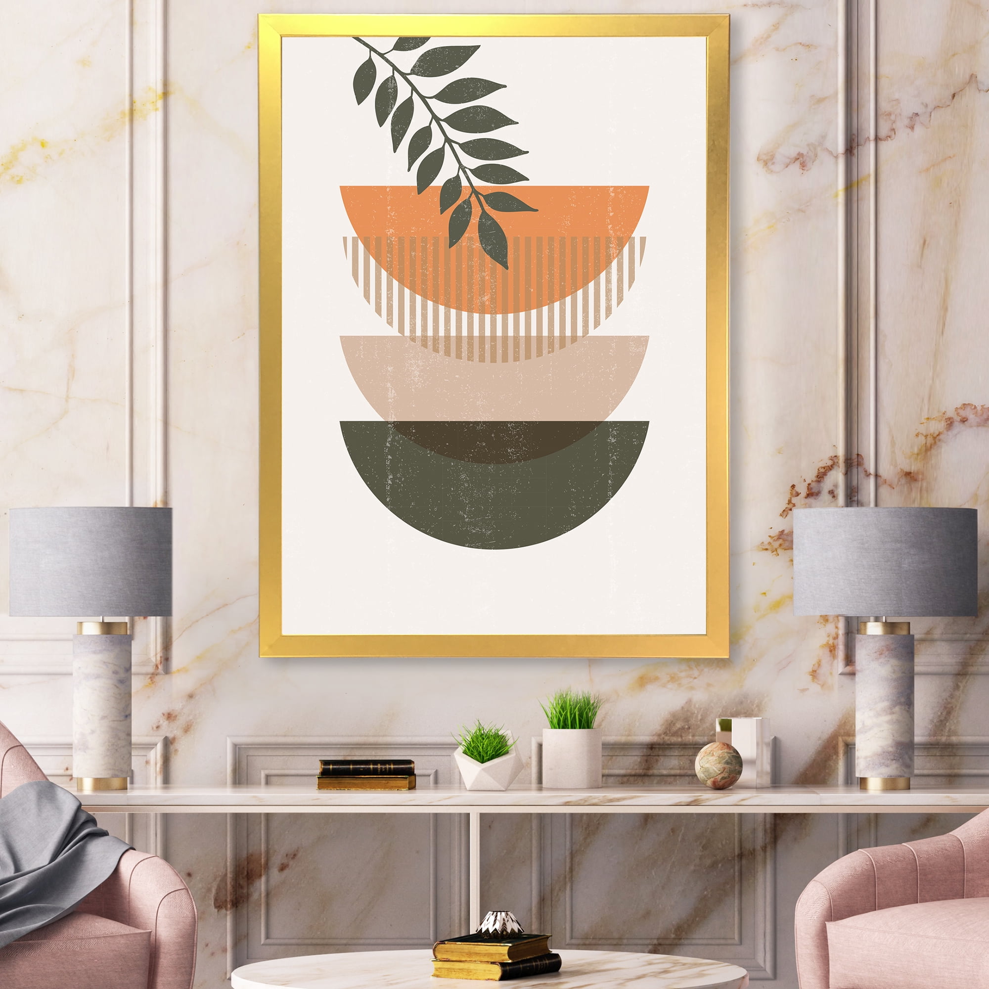 Designart 'Abstract Geometrical Moon and Sun With Leaf II' Modern Framed Art Print