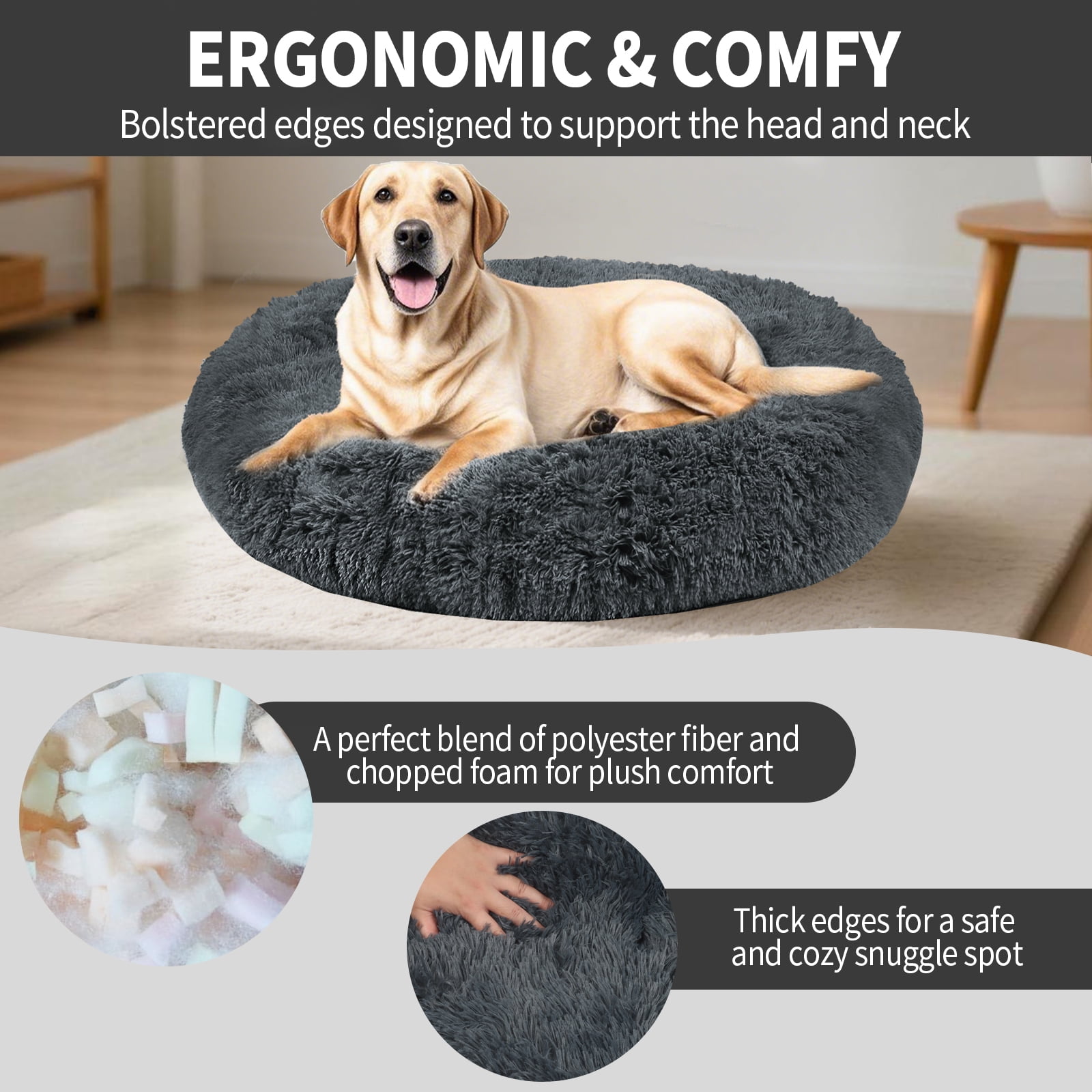 Katieovy Dog Bed for Large Dogs,Fluffy Calming Donut Dog Beds,28 inch Washable Plush Round Dog Mat with Non-Slip Bottom,Dark Gray