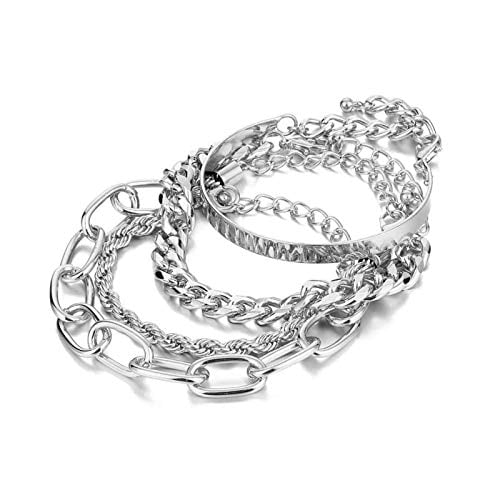 Silver Bracelets for Women, Silver Dainty Layered Chain Bracelets Adjustable Cute Bangle Link Bracelet Set 4PCS Silver