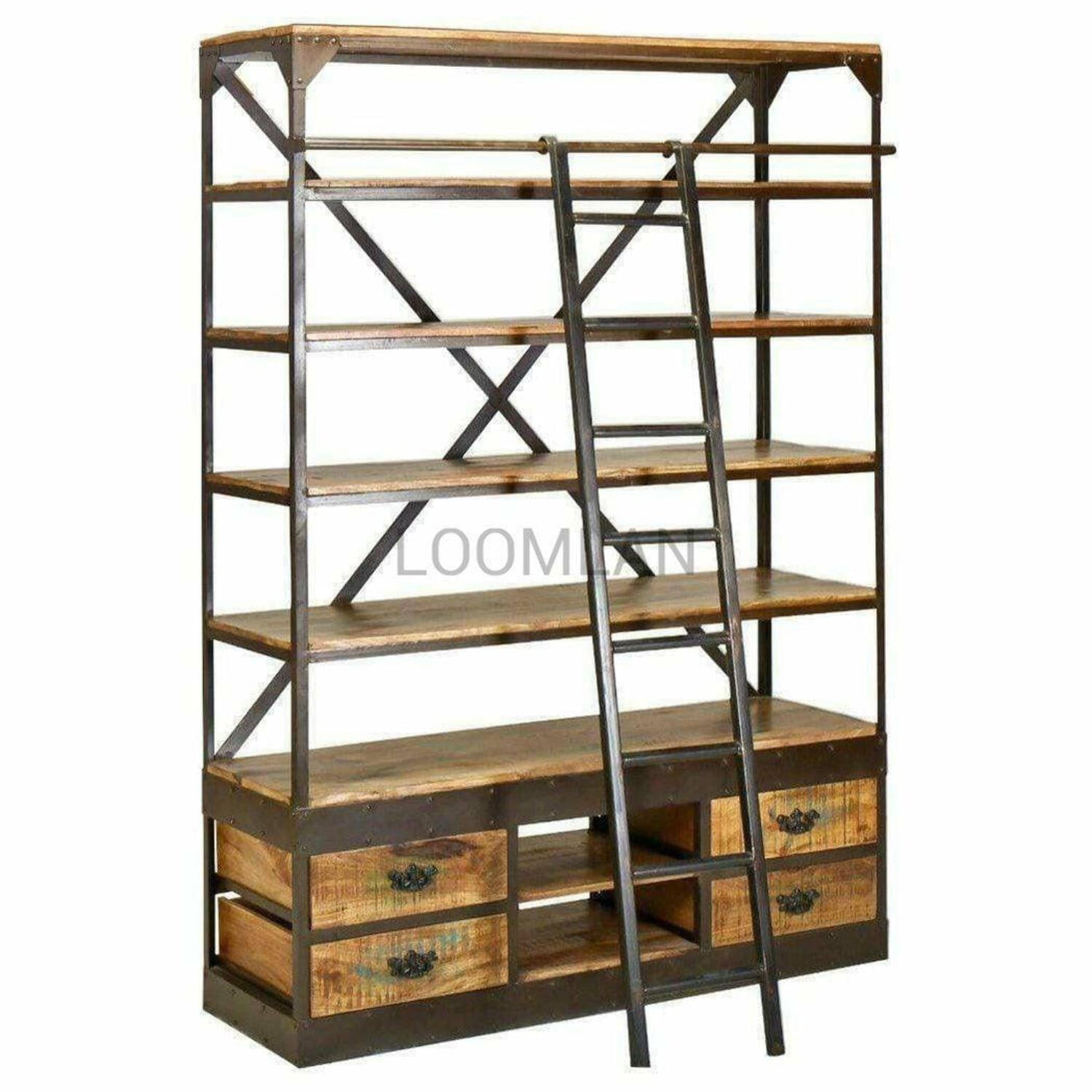 80x63 Industrial Mobile Library Bookcase with Ladder