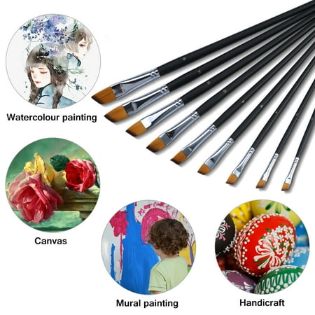 - 9pcs Wooden Paint Brushes Set Nylon Oblique Flat Tipped Inclined Plane Long Handle Artist Professional Painting Supplies for Acrylic Watercolor and Oil Painting