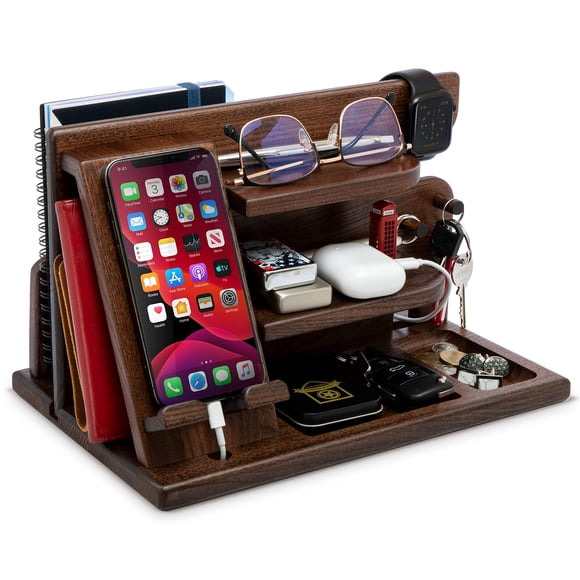 TESLYAR Wood Phone Docking Station for Men - Desktop or Nightstand Organizer - Birthday gifts for Men or Dad - Anniversary Idea from Wife - Key Holde