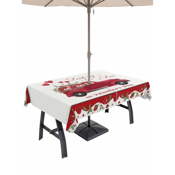 Outdoor Tablecloth with Umbrella Hole and Zipper, Valentine's Day Rectangle Table Cloth 60x102 Inch Waterproof Tablecloth, Red Truck Love Heart Roses Romantic Floral Picnic Table Cover for Patio