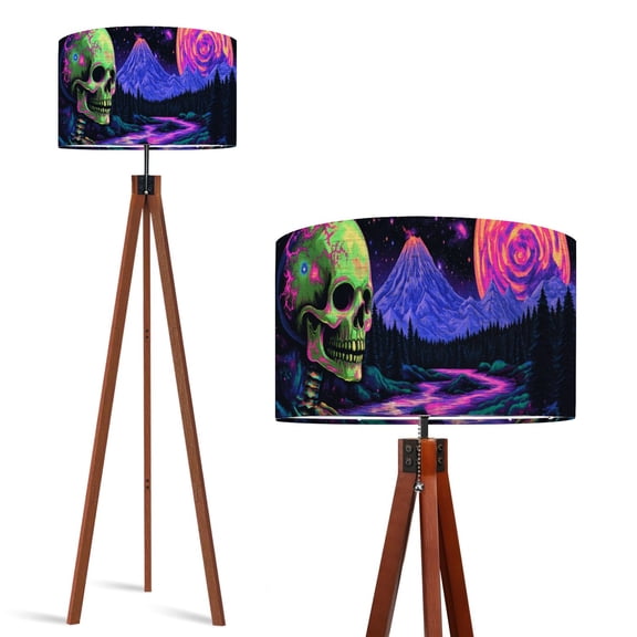 Wood Tripod Floor Lamp, Mid Century Wood Standing Lamp with 3 Color Temperature Dimmable Standing for Living Room, Bedroom, Office Blacklight Skull Mountain UV Galaxy Flaxen Lamp Shade