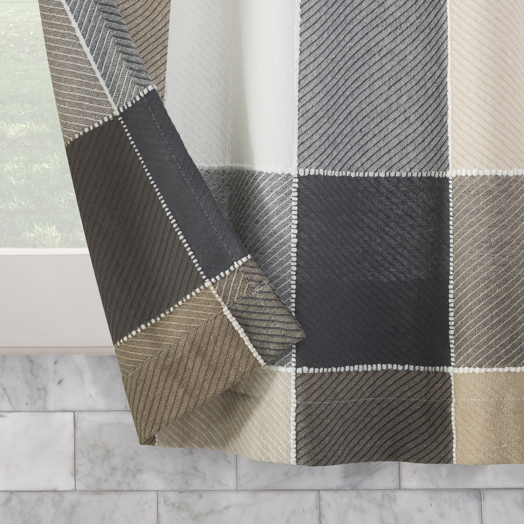Archaeo Colorblock Plaid 100% Cafe Curtain Pair, 52"x45", 52"x45", Mocha Brown