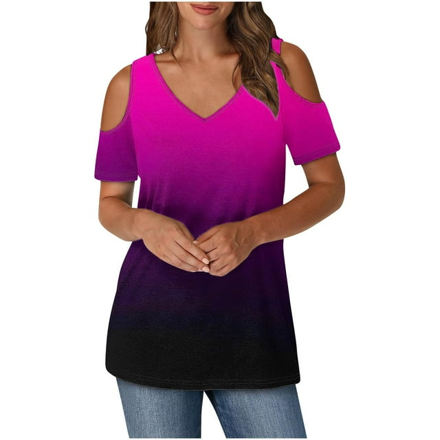 Tops de Algodón para Mujeres Gradiente Impreso Manga Corta Cuello en V Fuera Del Hombro, Top de Moda para el Uso Diario
