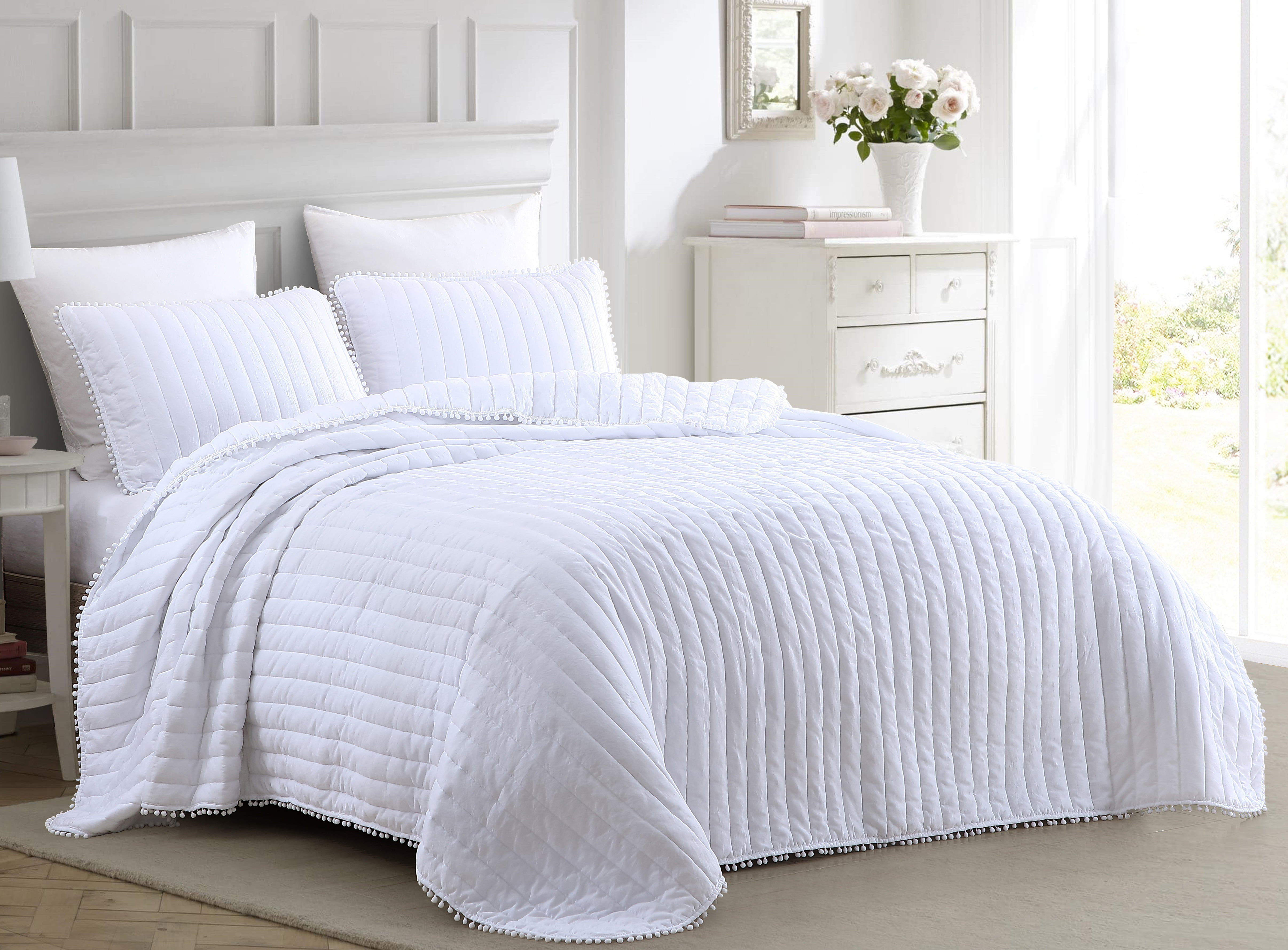 Chezmoi Collection Iris Pre-Washed Pom Pom Fringe Channel Quilted Comforter Set 