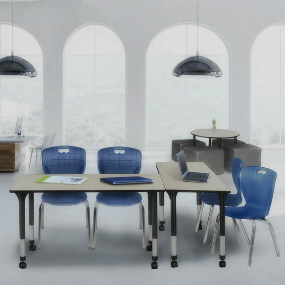 Regency Kee 48 x 24 in. Mobile Adjustable Classroom Table- Maple & 2 Andy 18 in. Stack Chairs- Blue