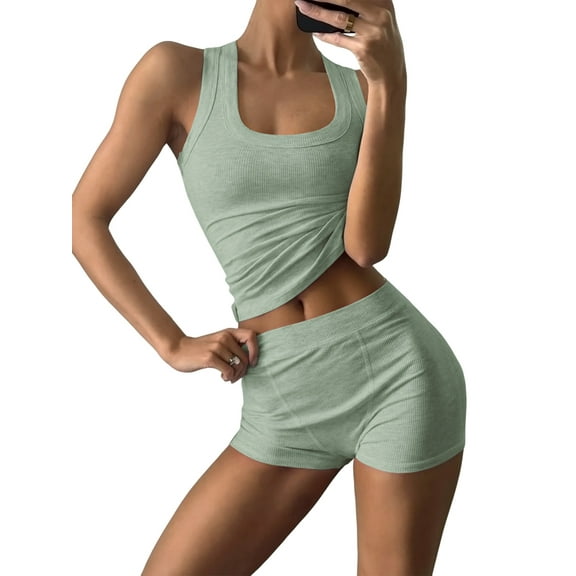 Women'S Slim Fit Sports Shorts Set Sleeveless Top and Shorts Bean Green M