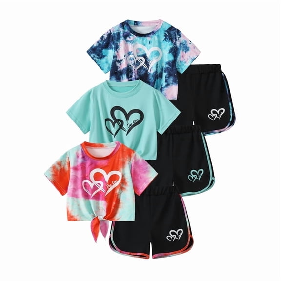 Fdqin Girls Summer Outfits 6 Pcs Tie-dye Heart Print Casual Short Sleeve Tee Tops and Dolphin Shorts Set Red Light Green Blue 7-8 Years