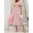 thumbnail image 3 of Women's V-Neck Puff Sleeve Dress with Decorative Button and Slit Ruched Detail 80% viscose 20% polyamide Casual Chic Wear, 3 of 10