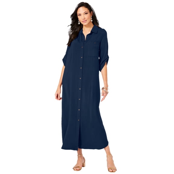 Roaman's Women's Plus Size Collared Button Front Dress