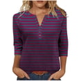 thumbnail image 2 of HongQid Women's Casual 3/4 Sleeve T Shirts Button V Neck Tunic Blouses Striped Basic Tee Tops Loose Fit Shirt, 2 of 9