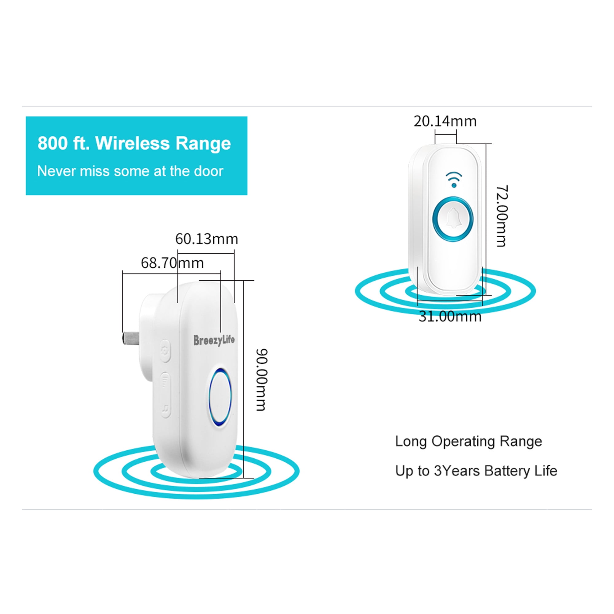 VANLOFE Security Wireless Doorbell Waterproof Mini House Door Bell Kit  590ft Range With 58 Ringtones & 4 Level Adjust-able Volume Self-powered