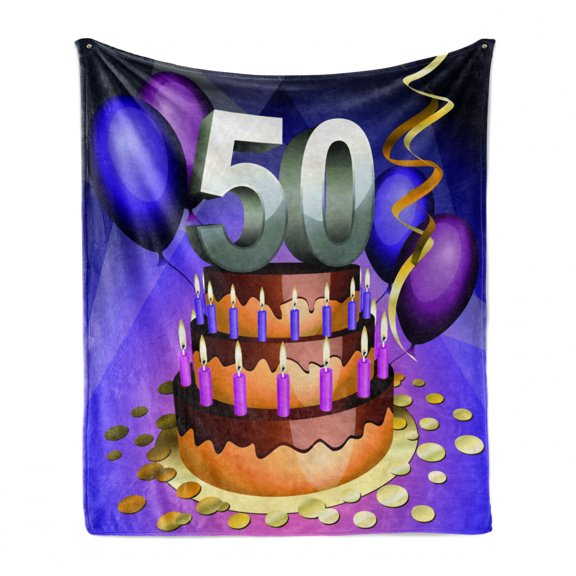 50th Birthday Soft Flannel Fleece Throw Blanket, Big Creamy Cake with Many Candles and Numbers Balloons Ribbons Art Print, Cozy Plush for Indoor and Outdoor Use, 70" x 90", Multicolor, by Ambesonne