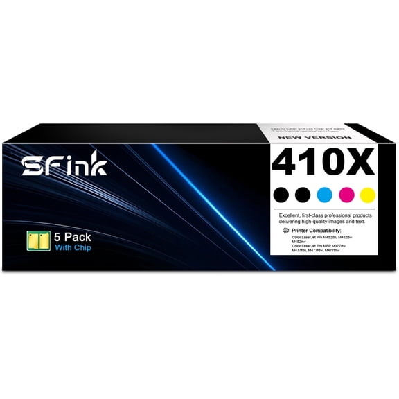 410X 5-Pack Toner Cartridges Compatible for HP410X CF410X CF411X CF412X CF413X for Color LaserJet Pro M452dw M452nw M452dn,MFP M477fnw M477fdn M477fdw M377dw(2Black, Cyan, Magenta, Yellow)