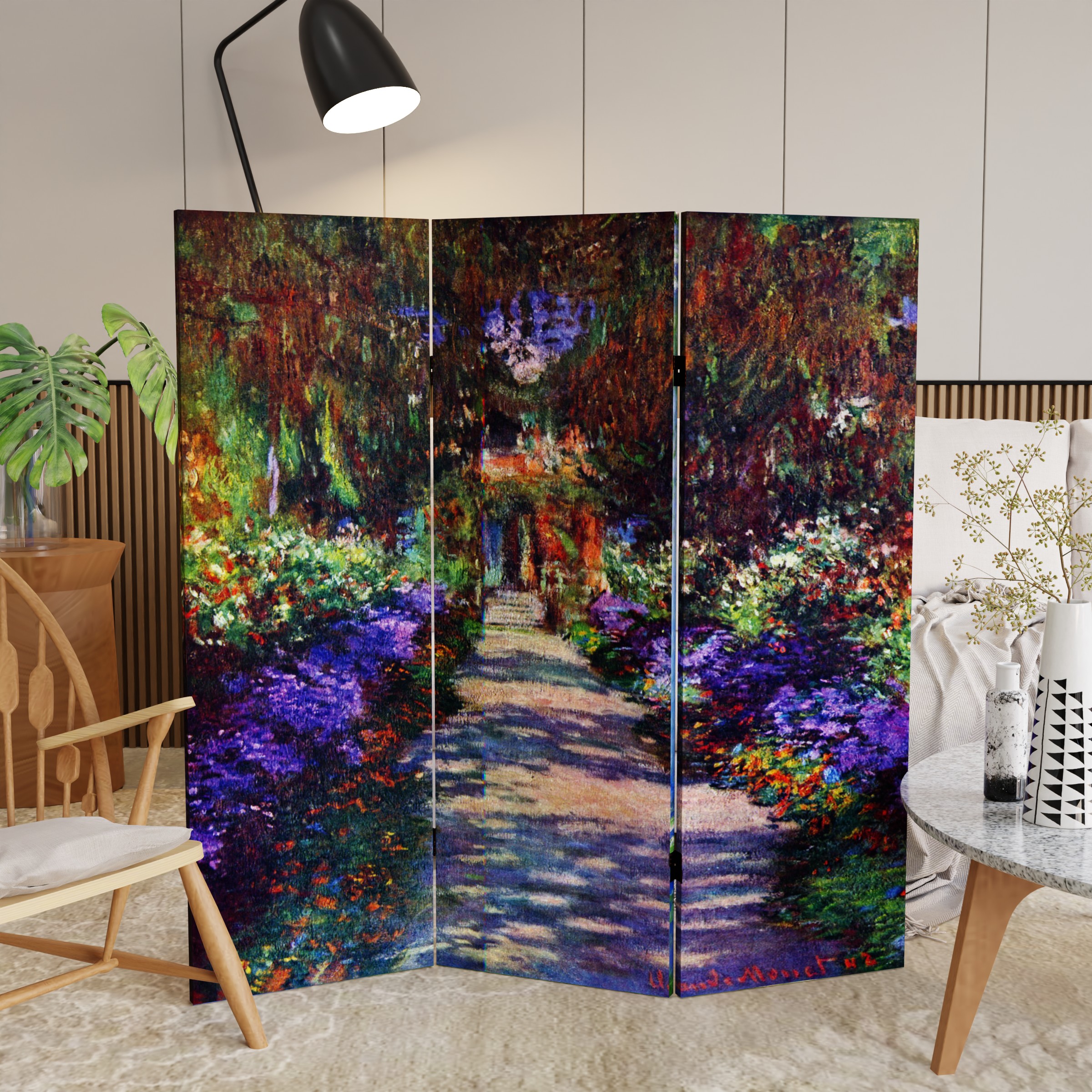 Red Lantern 4 ft. Short Monet Canvas Folding Screen - Lilies/Garden at Giverny