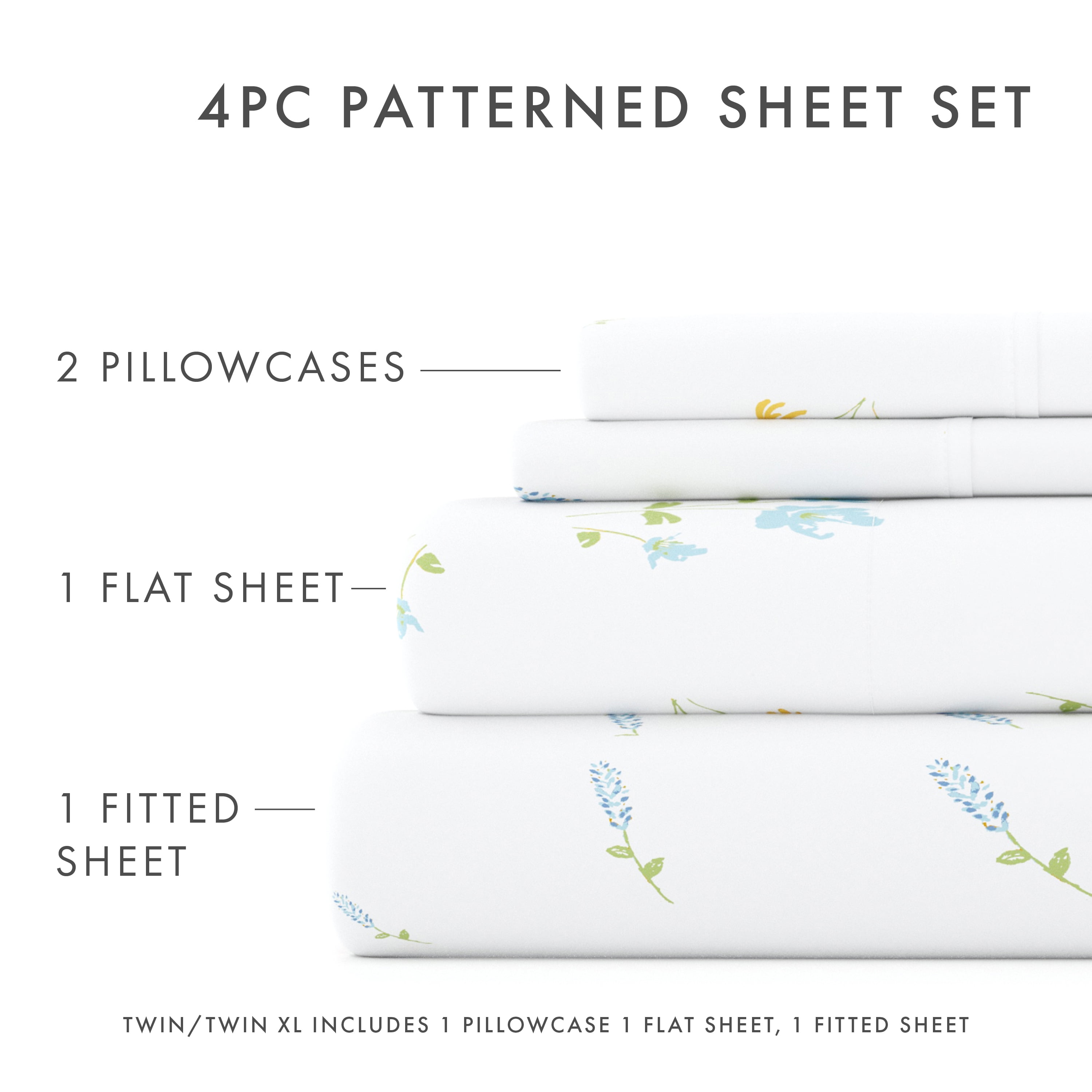 Noble Linens 4 Piece Pattern Microfiber Bed Sheets Set, Light Blue Bluebirds, King