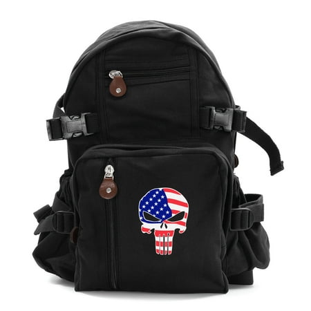 American Flag Punisher Skull Army Sport Heavyweight Canvas School Backpack (Best Places To Backpack In America)