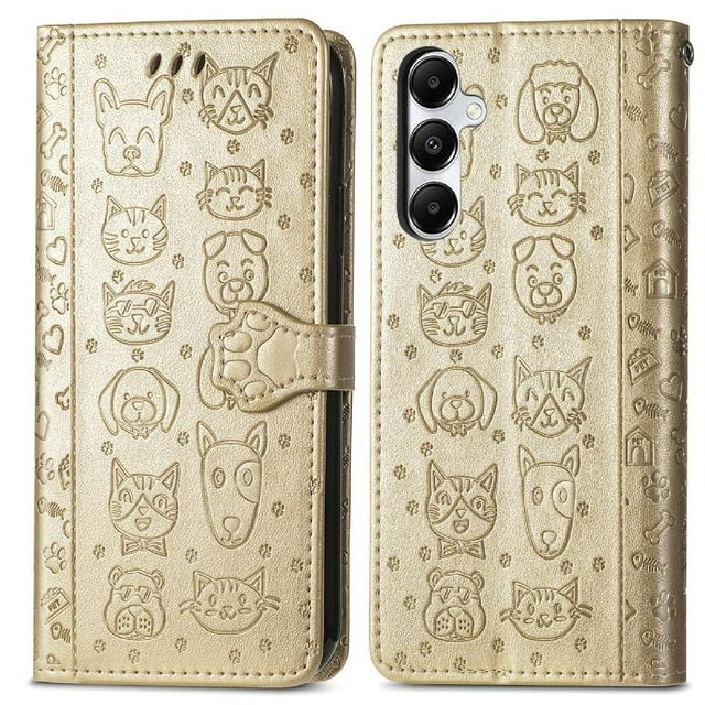 Funda Cartera FOXDOCK para Samsung Galaxy A17 , Flip PU con Relieve de Gatos y Perros, Tarjetero y Soporte