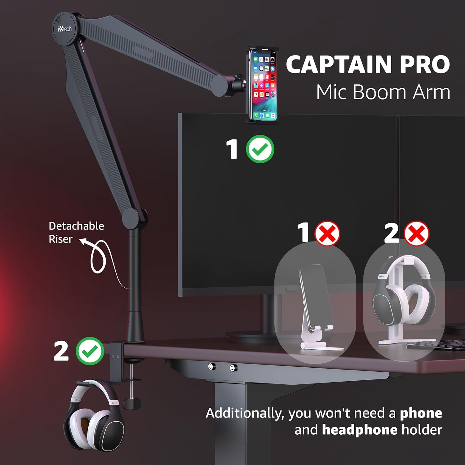 IXTECH Mic Boom Arm Microphone Arm for Blue Yeti Shure Sm7b Hyperx QuadCast Rode At2020 and Fifine Upgraded Mic Stand with Tablet and Headphone Holder for Gaming Podcasting and Streaming CAPTAIN PRO