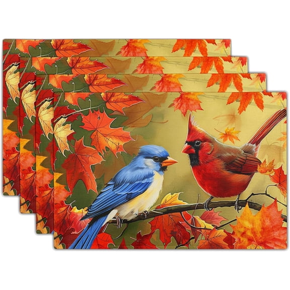 Fall Birds Placemats Set of 4, 12x18 Inch Autumn Harvest Maple Leaves Farmhouse Washable Heat-Resistant Linen Table Place Mats for Dining Kitchen Home Party Decoration