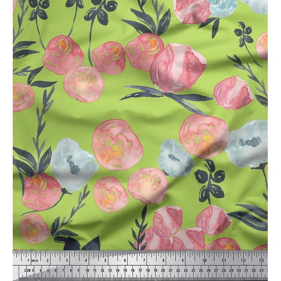 Soimoi Green polyester Crepe Fabric Leaves & Peach Floral Watercolor Printed Fabric 1 Yard 52 Inch Wide