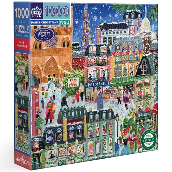 eeBoo Piece & Love: Paris Christmas - 1000 Piece Puzzle - 23" Adult Jigsaw, Jennifer Orkin Lewis’ Festive City of Lights Holiday Scene, Eco-Friendly