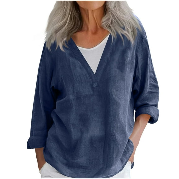 ZyeKqe Cotton Linen Tops for Women Long Sleeve Shirts Casual V Neck Top Loose Fitted Tunic Tops