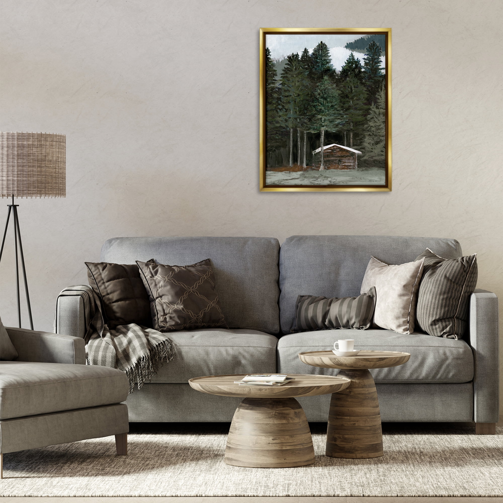 Stupell Industries Log Cabin Forest Thicket Landscape & Nature Painting Gold Floater Framed Canvas Art Print Wall Art, 25 x 31