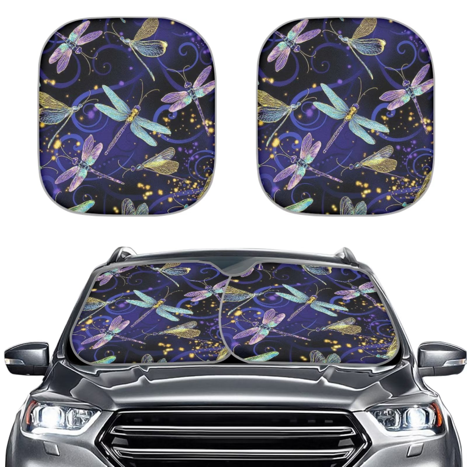 NETILGEN Glitter Dragonflies Print Car Windshield Sun Shade 2 Pcs