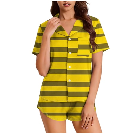 AHTJRT Pajama Sets for Women 2 Piece Outfits V Neck Button down Short Sleeve Shirt and Shorts Wrinkle Free Ultra Stretch Summer Pjs Sleepwear Sets Yellow#04 XXL