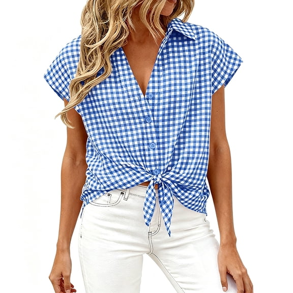 Women's Tie Front Plaid Shirt Short Sleeve Button Down Top Loose Fit Casual Summer Blouse