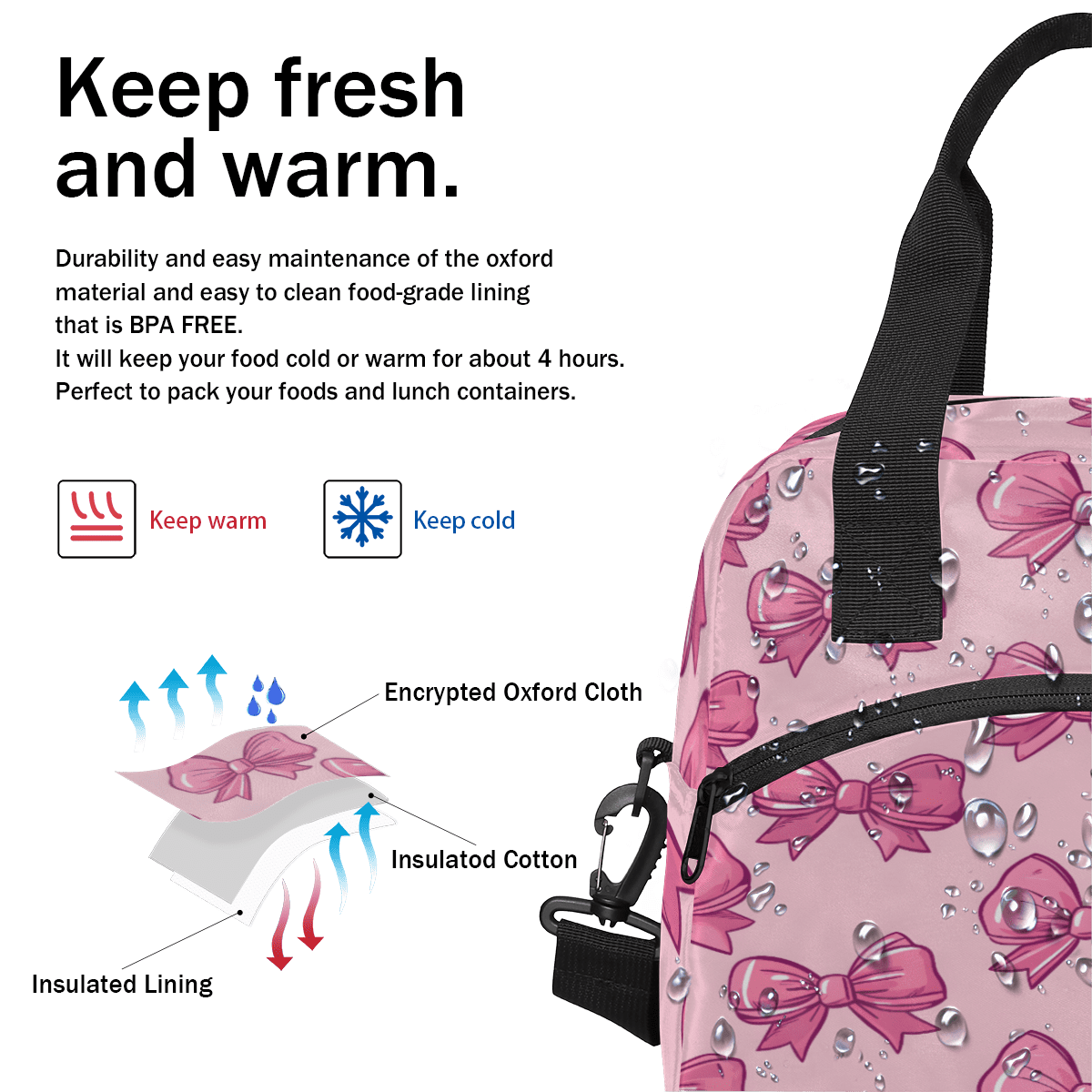 Herdesigns Bow Insulated Lunch Bag for Women Men Adults Large Reusable Lunch Box Pink Leakproof Cooler Tote Bags with Adjustable Shoulder Strap