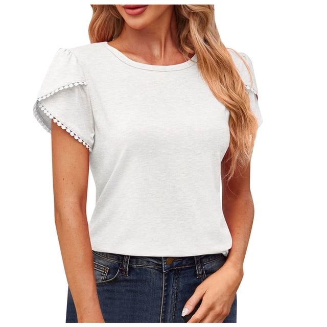 Blusa de cuello redondo con mangas de pétalos para mujer - Camiseta informal holgada - Poliéster y spandex - Ropa para el día a día en verano/otoño