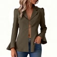 thumbnail image 3 of XPMWRP Women's Elegant Blazers Lapel Neck Ruffle Long Sleeve Business Blouse Deep V Neck Bell Sleeve Office Suit Solid Color Jackets Brown L, 3 of 8