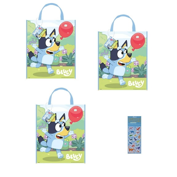 Unique Bluey Birthday Party Supplies Favors Bundle includes 3 Large Plastic Party Favor Tote Bags 13" x 11" and 1 Dinosaur Sticker Sheet