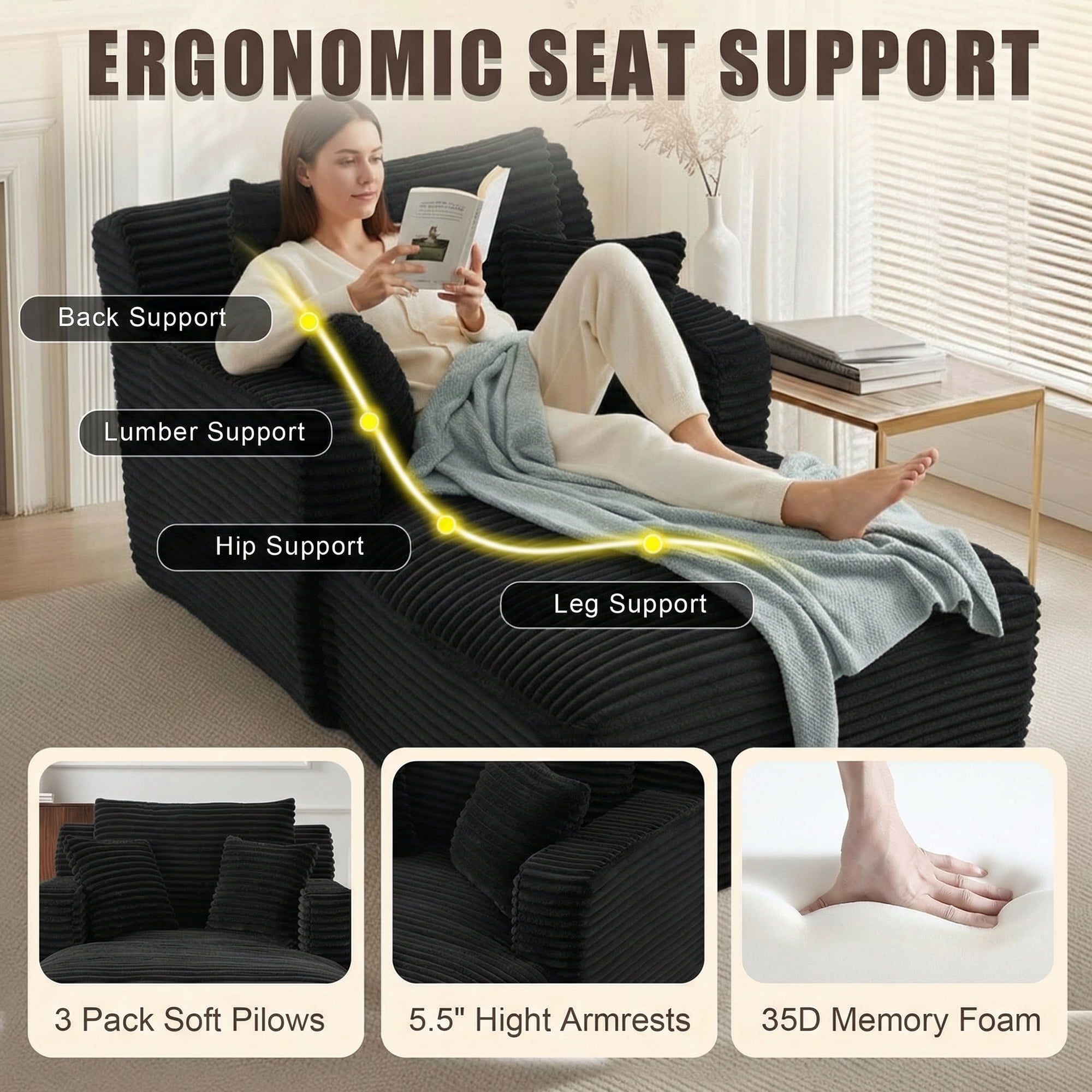 Kosynda 65"D Oversized Chaise Lounge Chair Indoor, Corduroy Upholstered Boneless Sofa Bed with 3 Pillows for Living Room, Black