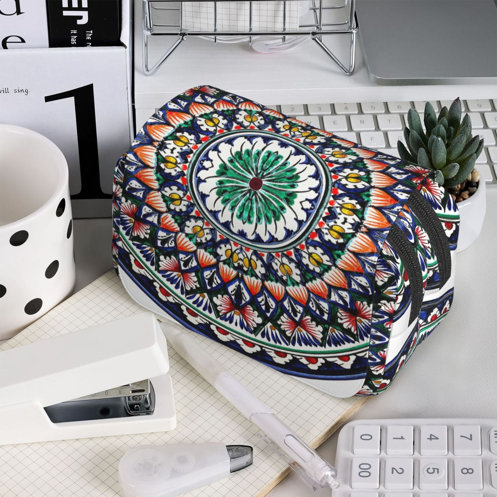 Rateoe Colorful With Blue Oriental Pattern Double Clamshell Pen Case, Storage Organizer with Two Zipper Compartments– Holds Up to 50 Pencils & Pens