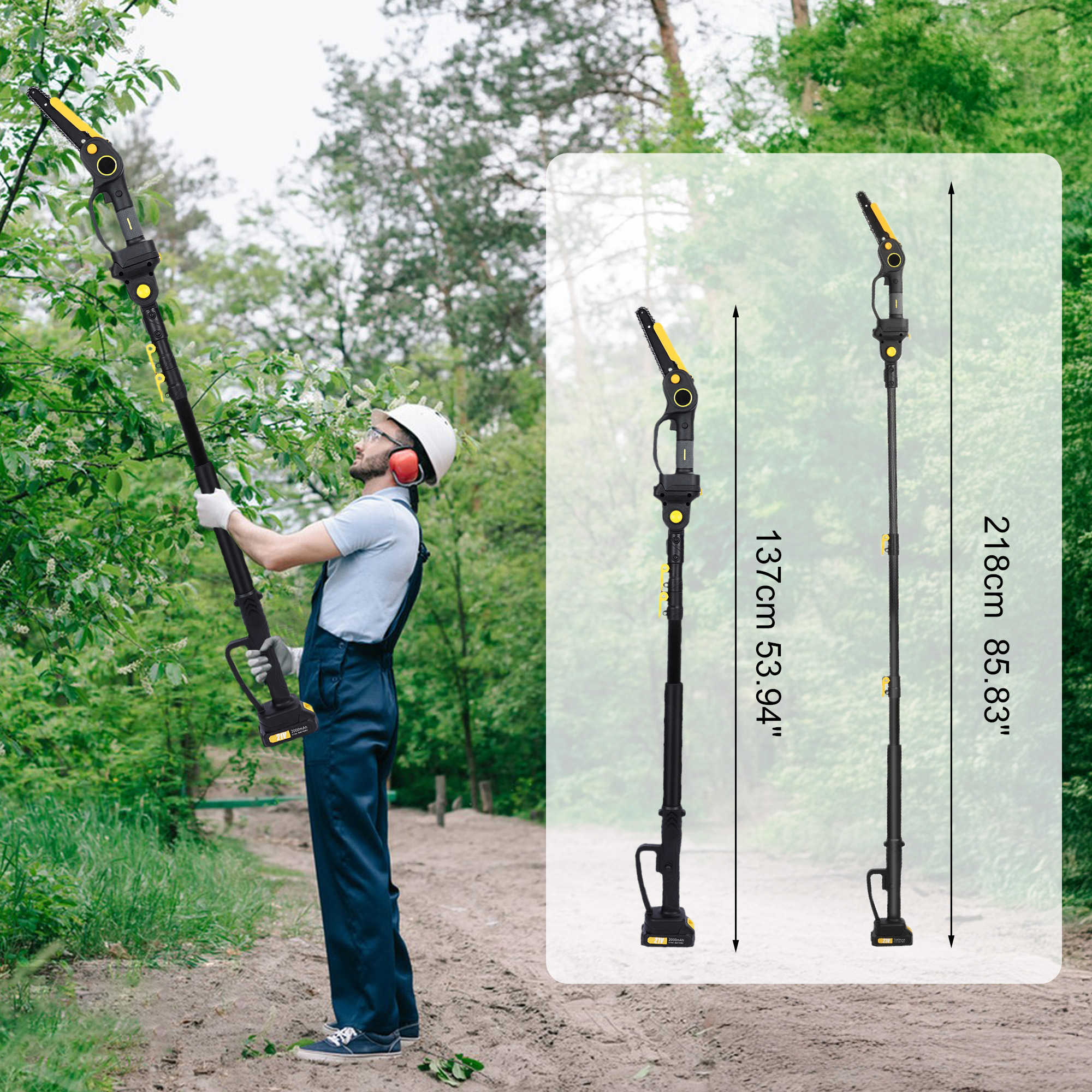 Fompes 2-in-1 Cordless Pole Saw & 6" Mini Chainsaw 4.9-7.5FT Telescoping Branch Cutter with 2PCS 2.0Ah Batteries and a Charger Brushless Pole Saw for Tree Trimming Wood Cutting