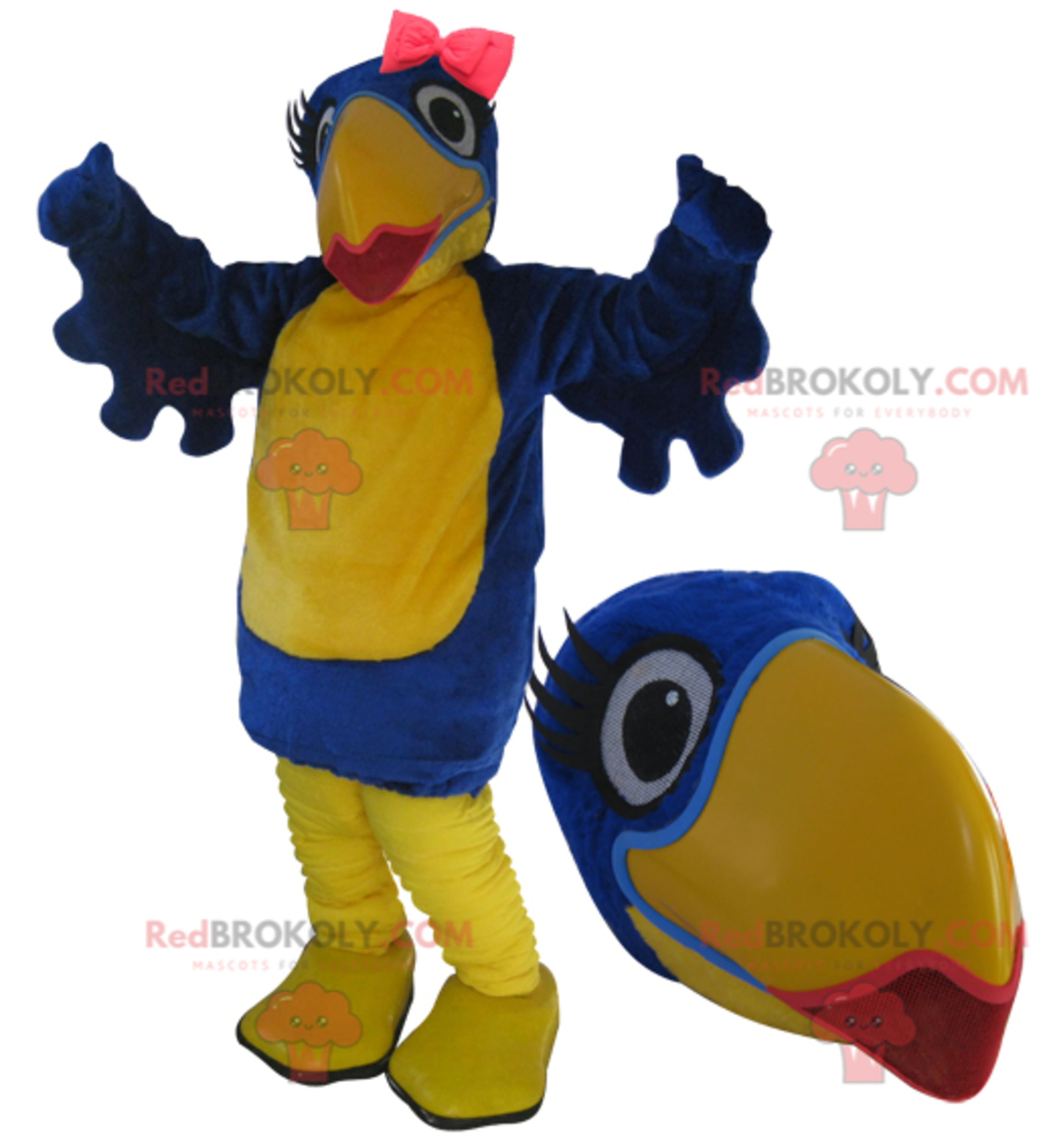 Mascot big blue and yellow bird with lipstick 