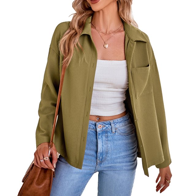 Chaqueta Corta Solapa Manga Larga Un Solo Pecho Color Puro Bolsillo Top Casual para Mujer OD Verde XL