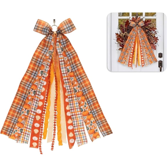 1 Pack Fall Wreath Sash for Front Door, Thanksgiving Wreath Bow with Pumpkin Plaid Ribbon