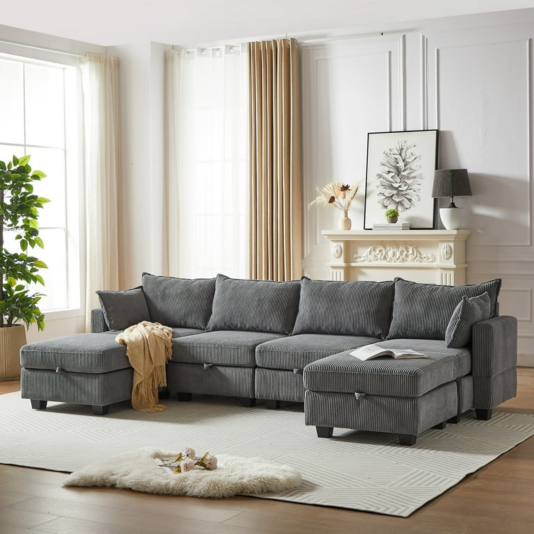 113.5 Modular Sectiona Corduroy Sofa 6 Seats Convertible Sectionals with Chaise U Shaped Sectional Couch with Storage Ottoman for Living Room
