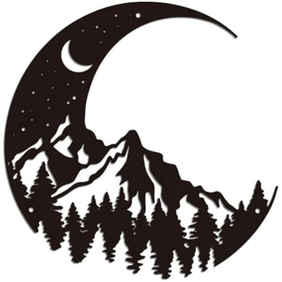 1 pc Moon and Mountains Iron Wall Art Decorations Black Metal Wall Art Decor Mountains Night Scene Wall Sculptures for Home Kitchen Patio Bedroom Living Room Bathroom Outdoor Decoration
