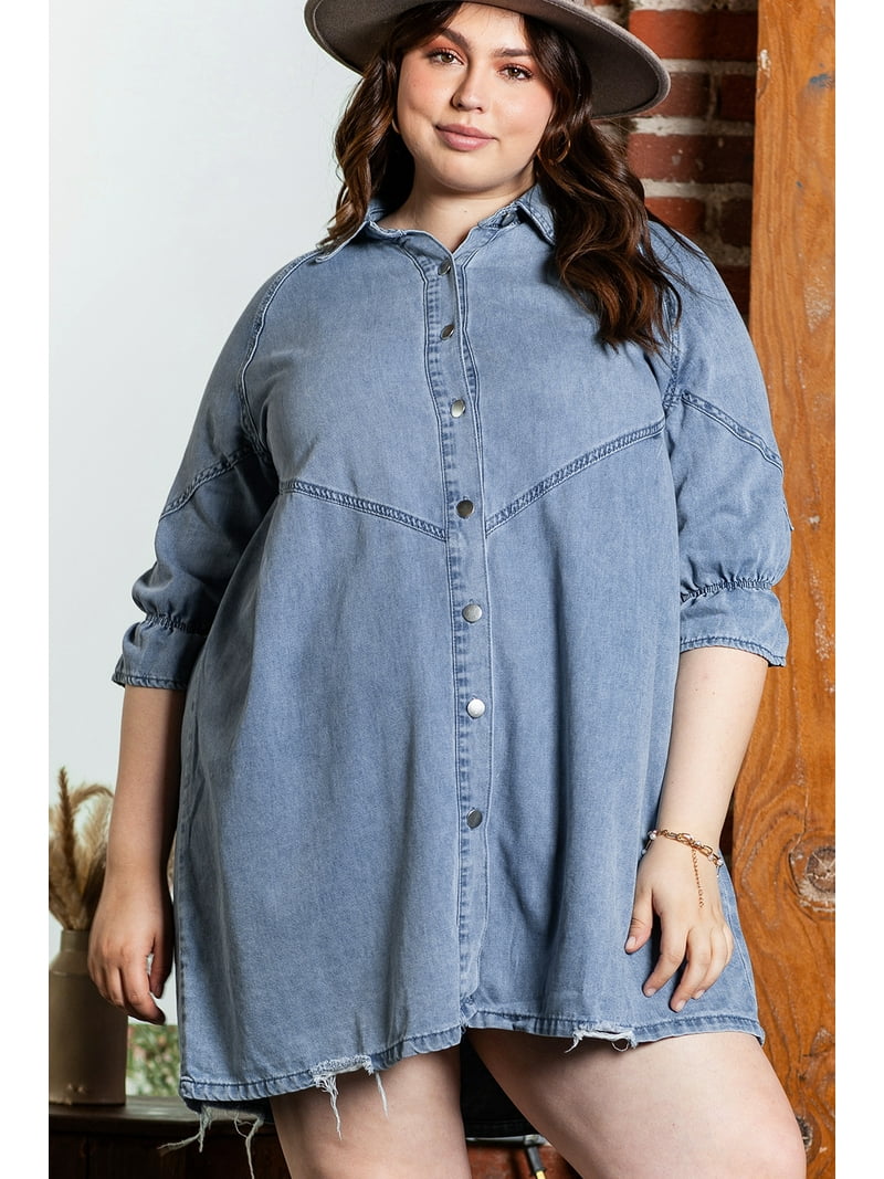 denim ruffle dress plus size Breezaya Plus Size Women's Denim Dress With Ruffle Hem Summer Women's Denim Dresses